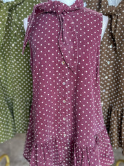 Burgundy Polished Polka Dots Tie Neck Mini Dress