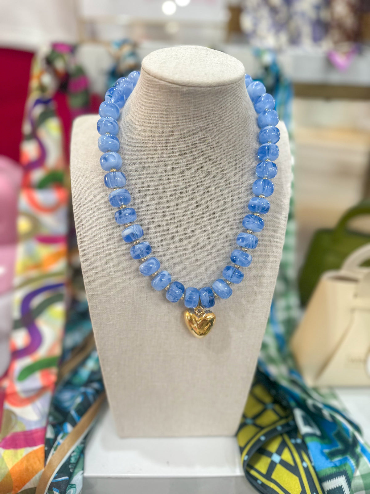Blue Marble Beaded Heart Charm Necklace