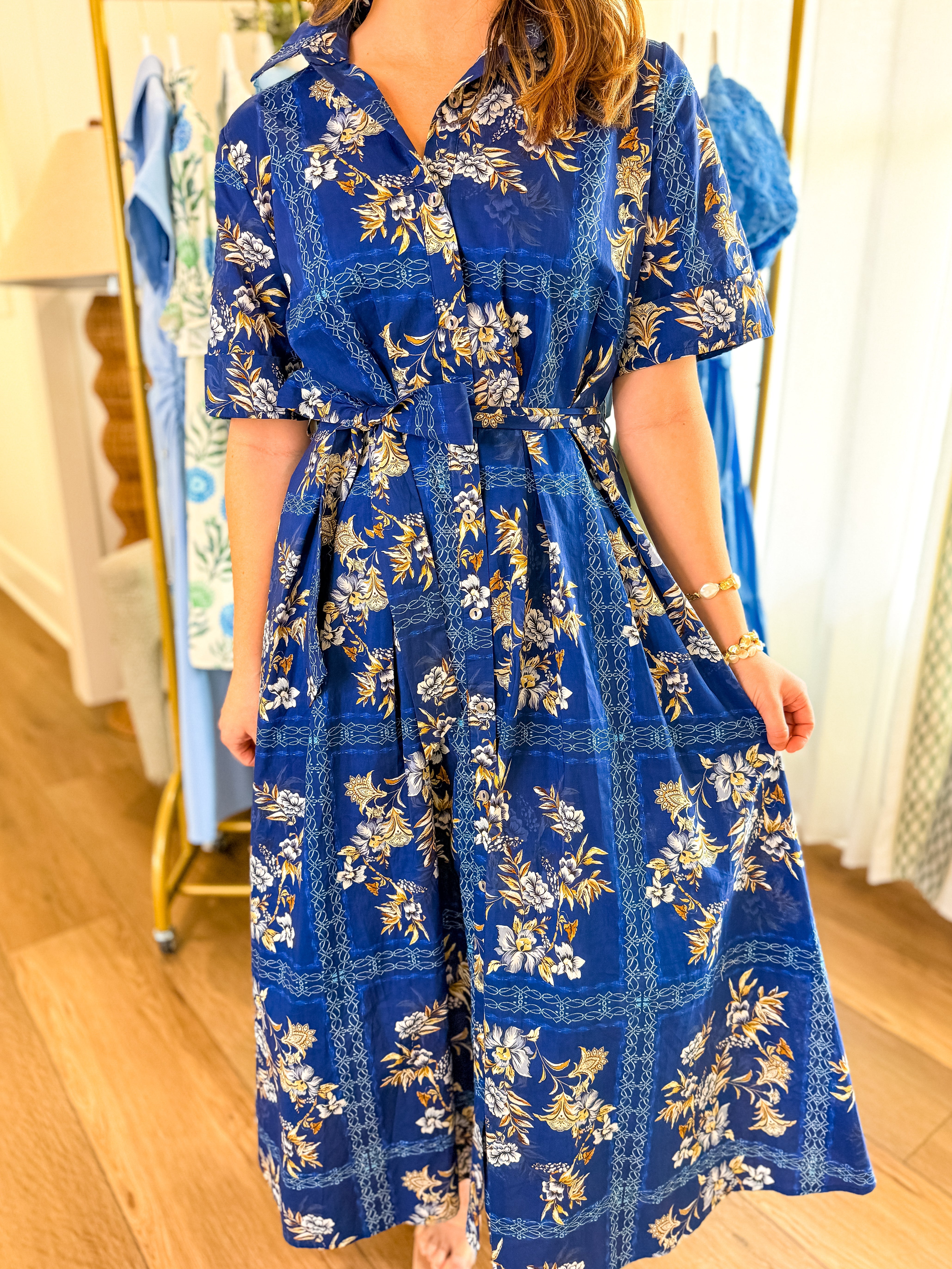 Charming In Blue Floral Tie Waist Midi Dress