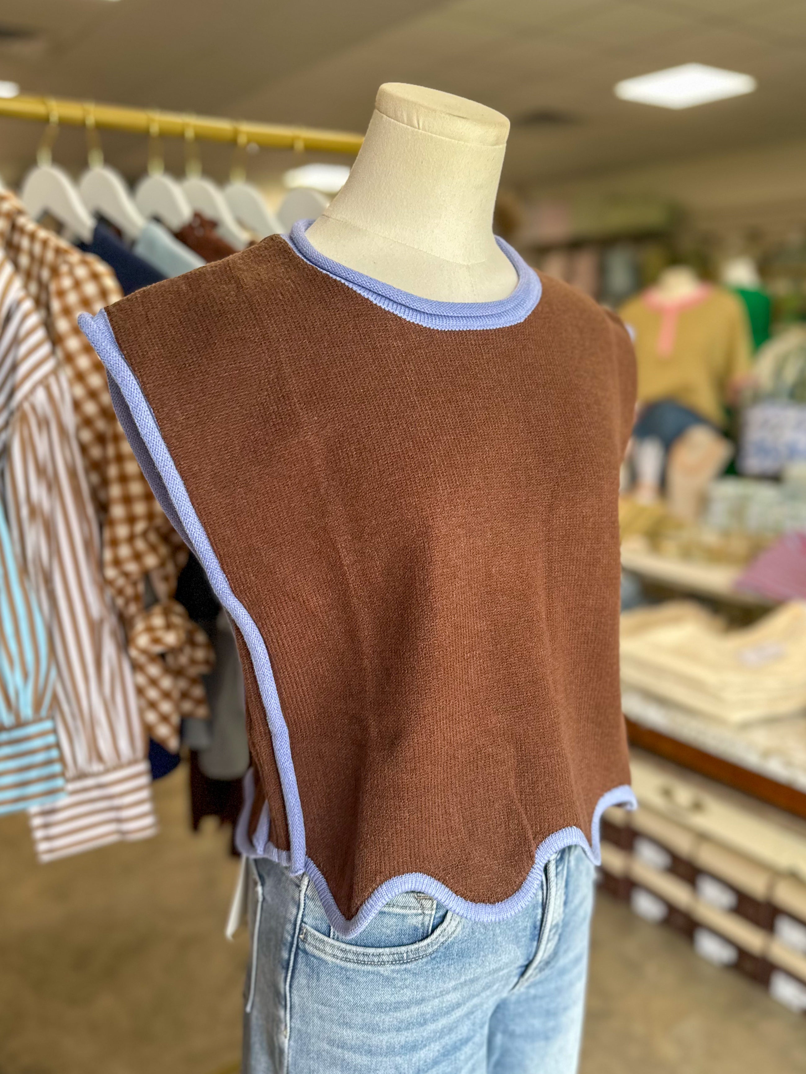 Brown and Blue Classic Contrast Sweater Top
