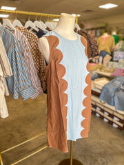 Blue & Brown Saturday In The South Scallop Panel Mini Dress