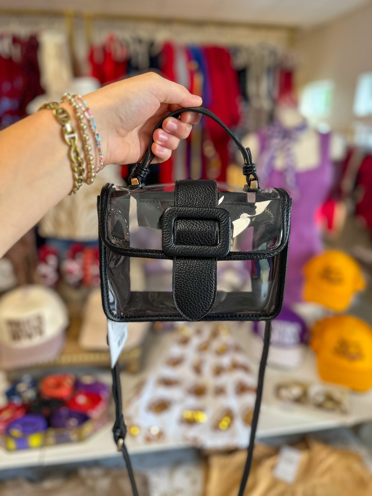 Black Chic Flapover Clear Stadium Crossbody Bag