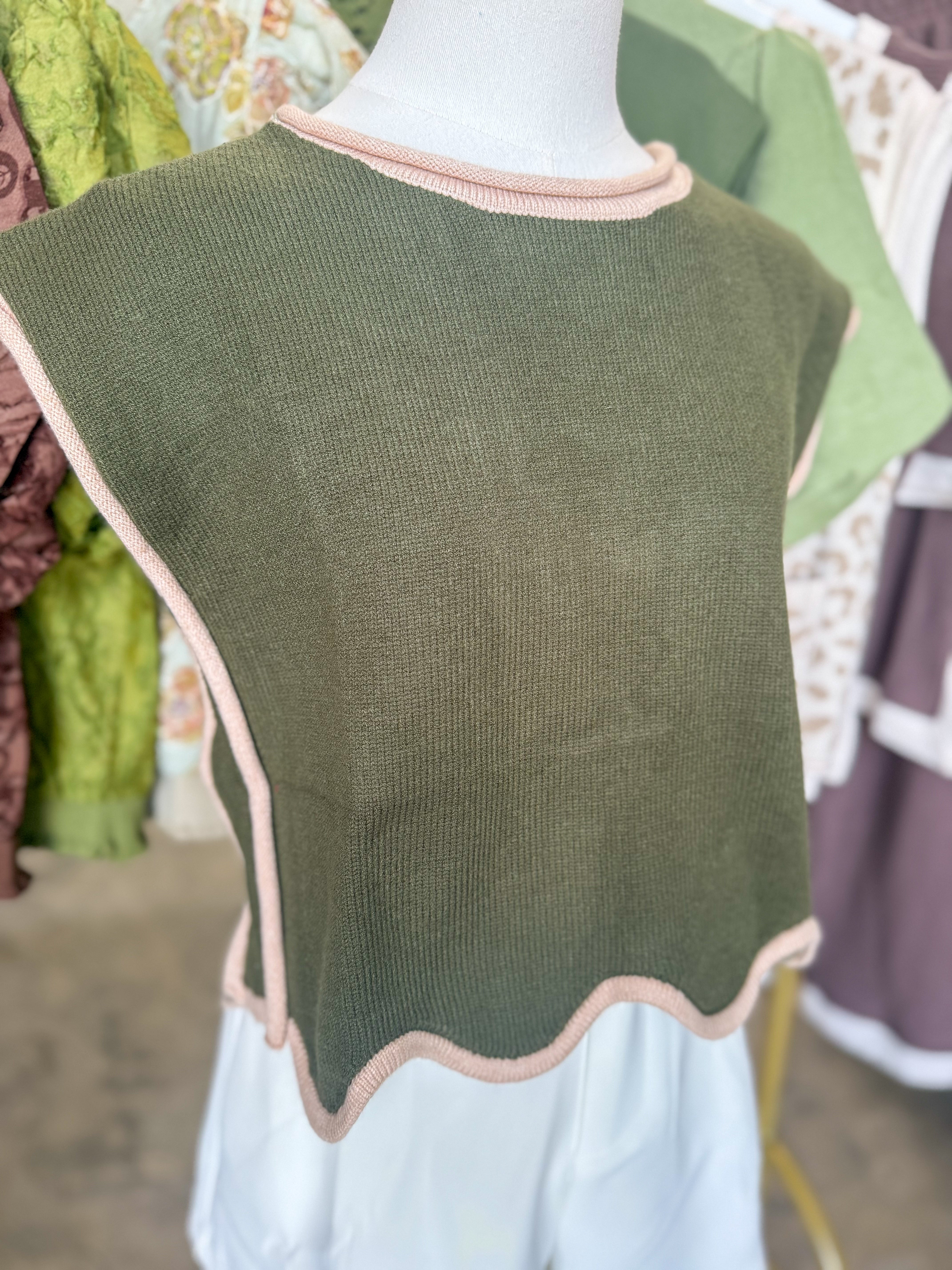 Army Green Scalloped Serenity Sweater Vest
