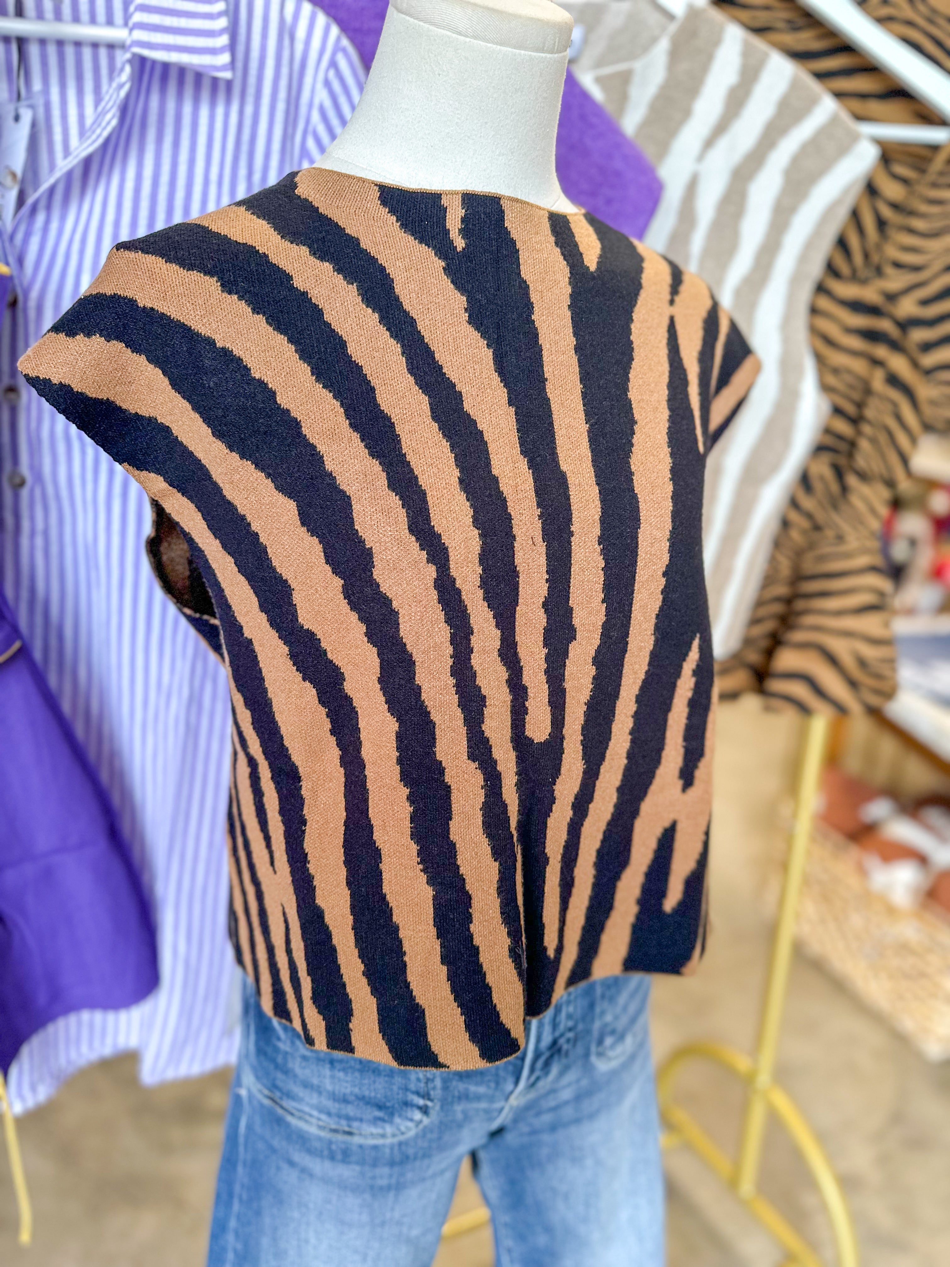Black & Brown Tiger Stripe Boxy Mock Neck Sweater Top