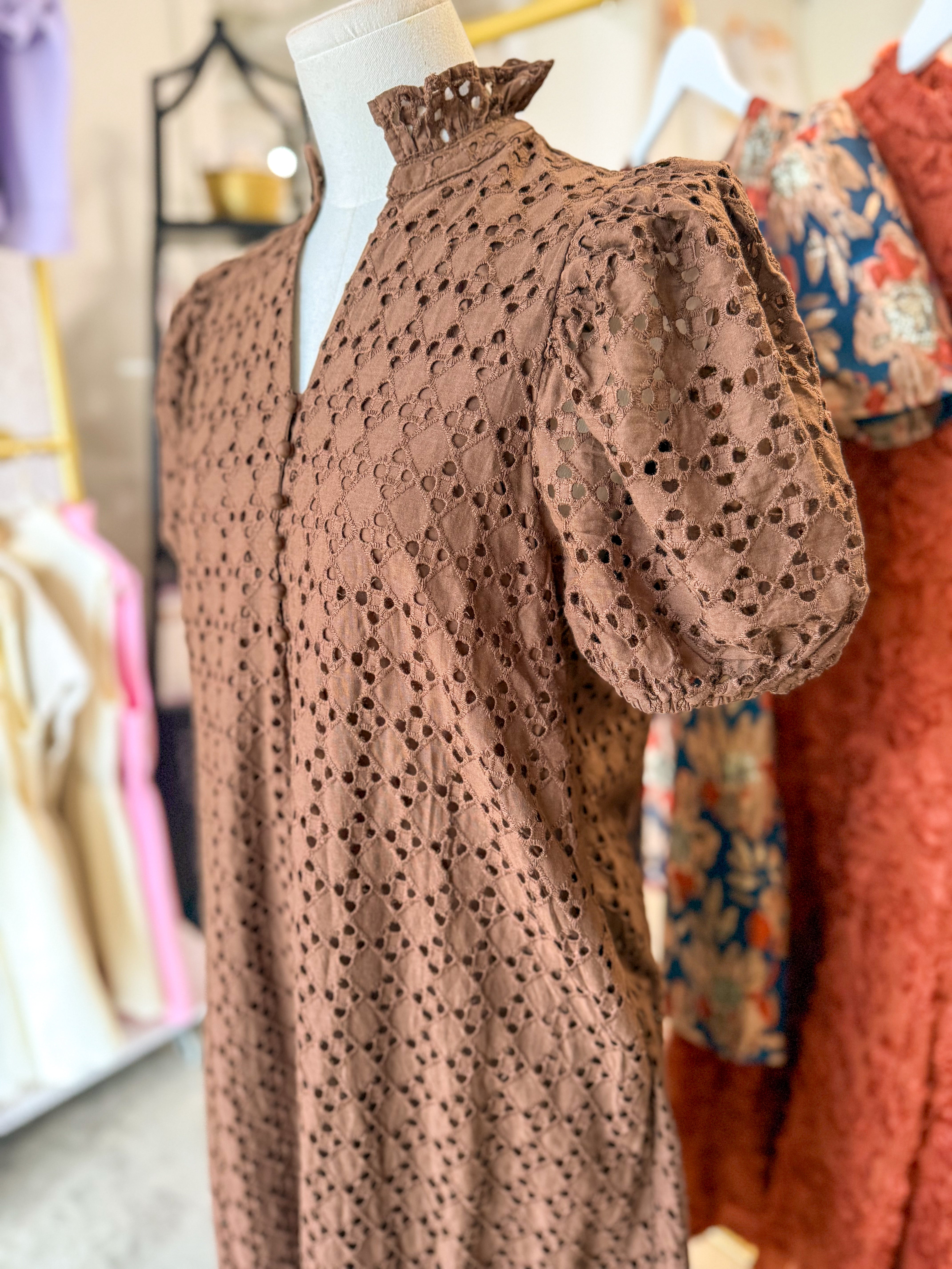 Brown Sweet Eyelet Moments Midi Dress