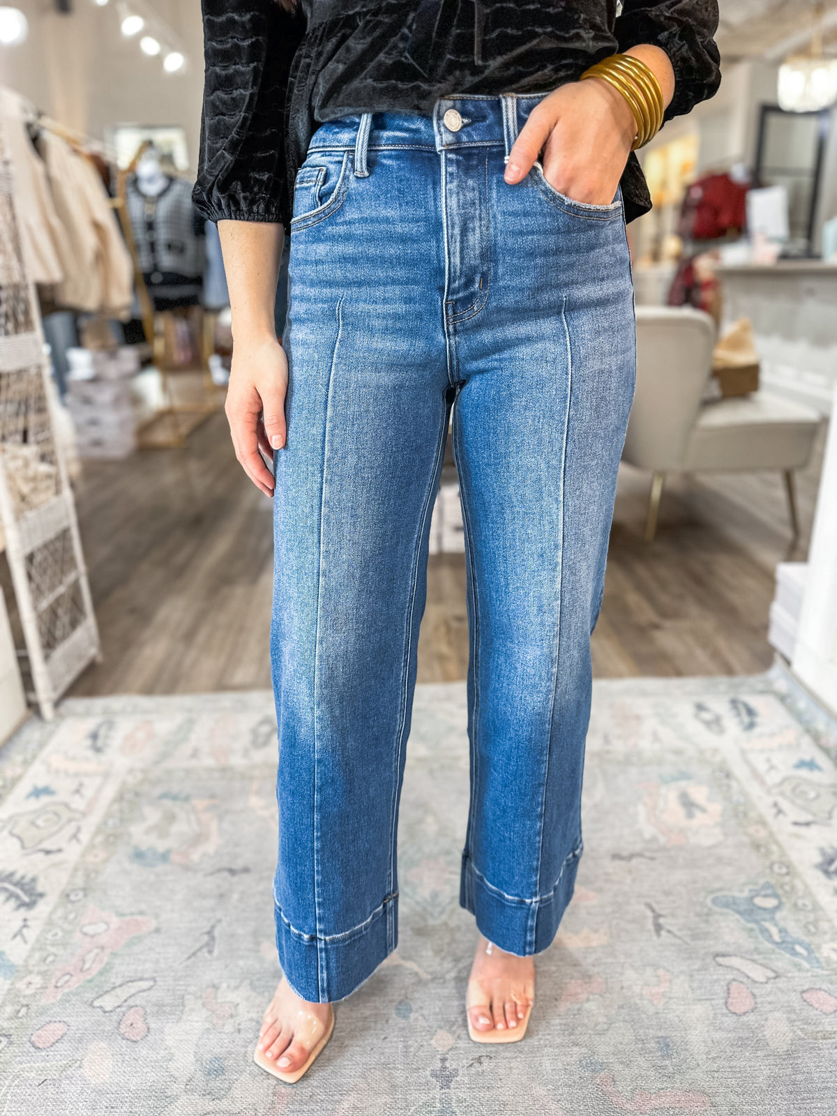 Aura Dark Wash High Rise Ankle Wide Trouser Jeans
