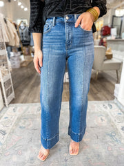 Aura Dark Wash High Rise Ankle Wide Trouser Jeans