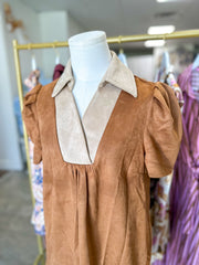 Camel Vinyard Stroll Ruffle Suede Mini Dress