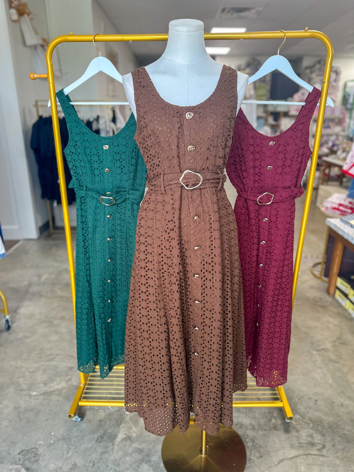 Brown Charlotte Eyelet Belted Maxi Dress