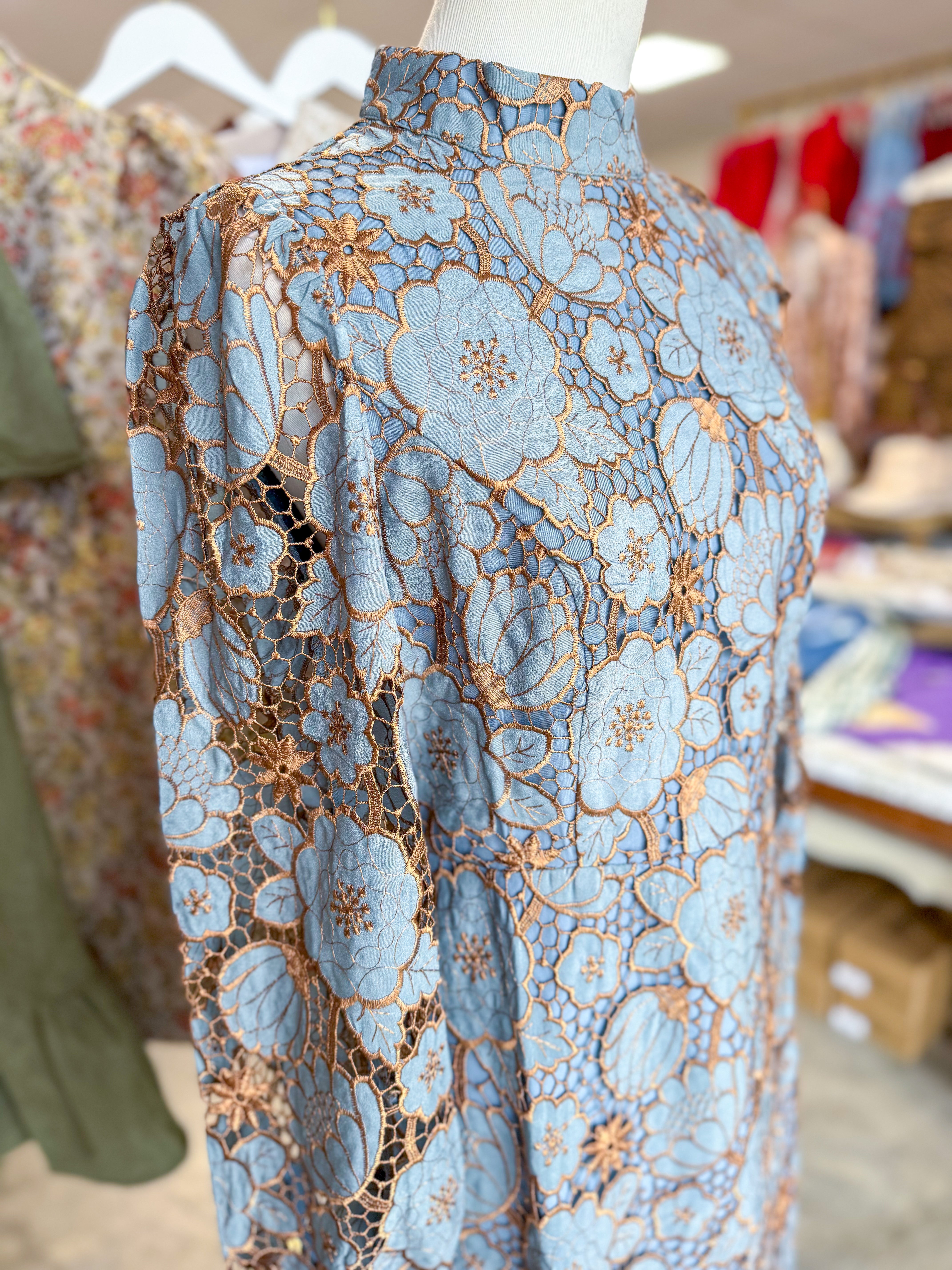 Blue/Bronze Vintage Lace Charm Mini Dress