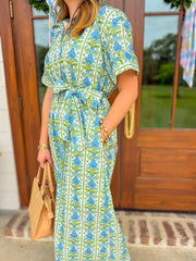 Blue Sweet Stroll Floral Belted Midi Dress