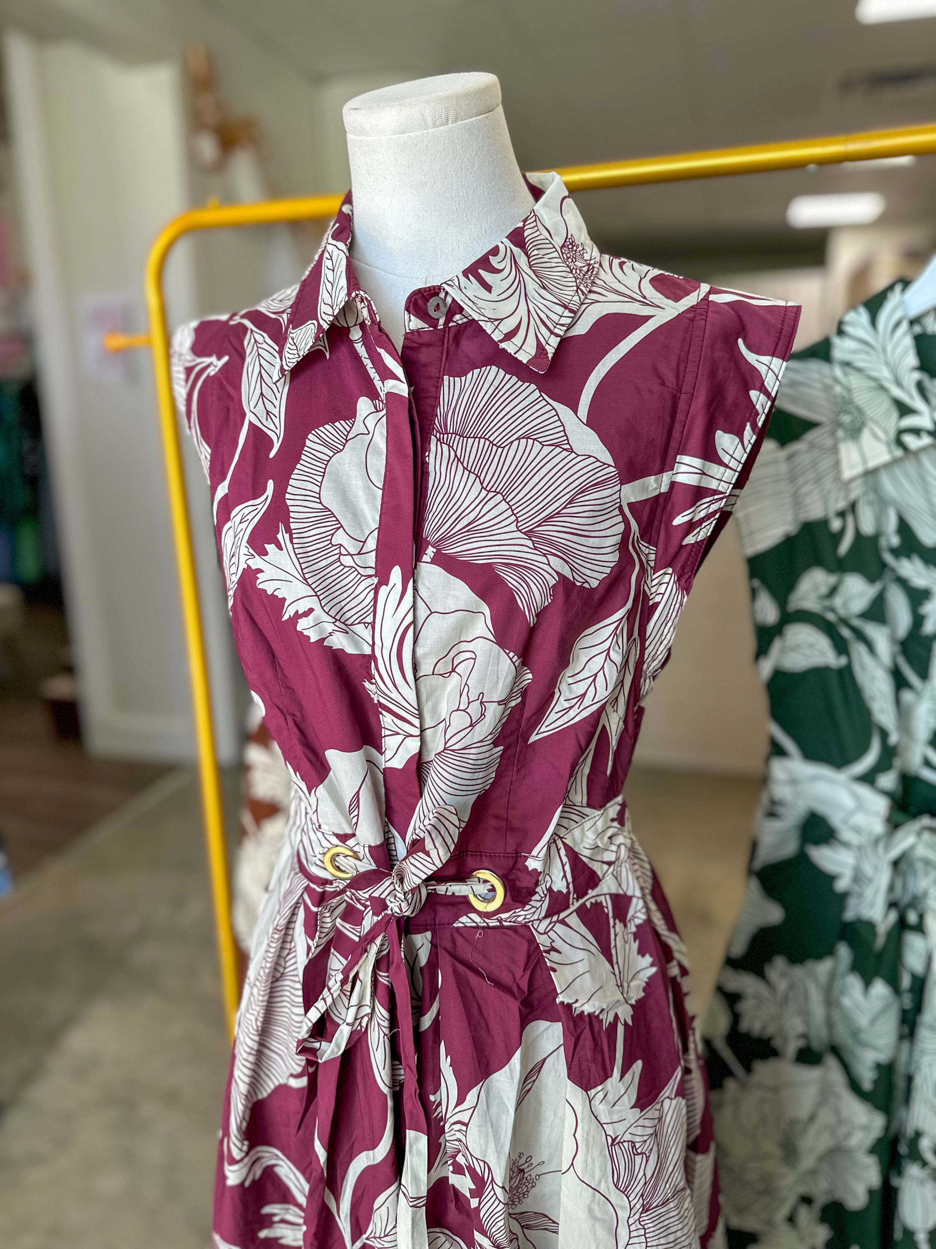 Burgundy Garden Society Collared Tie Waist Maxi Dress