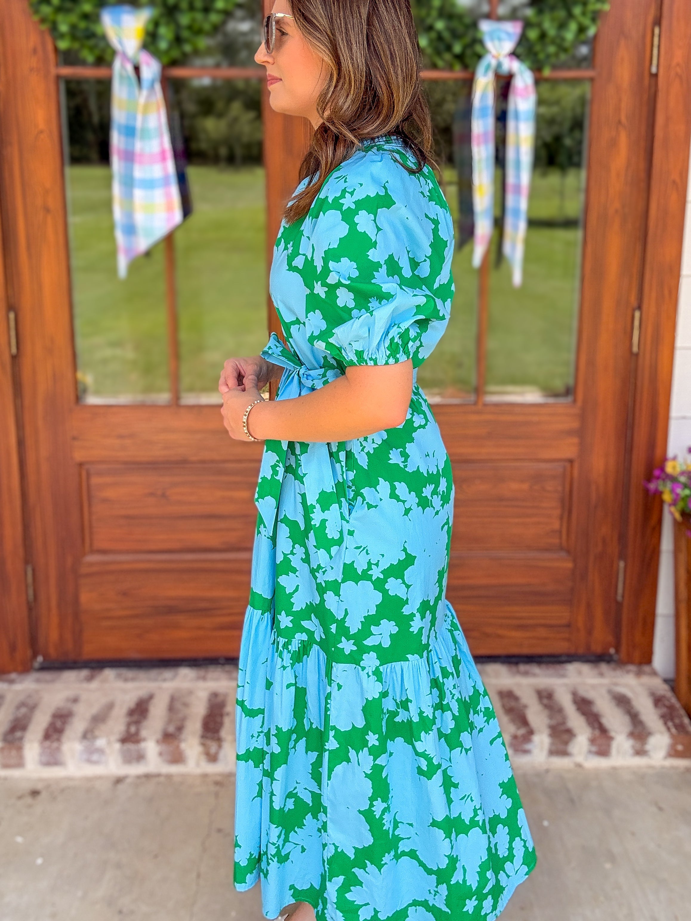 Blue & Green Riona Floral Wynette Tiered Midi Dress