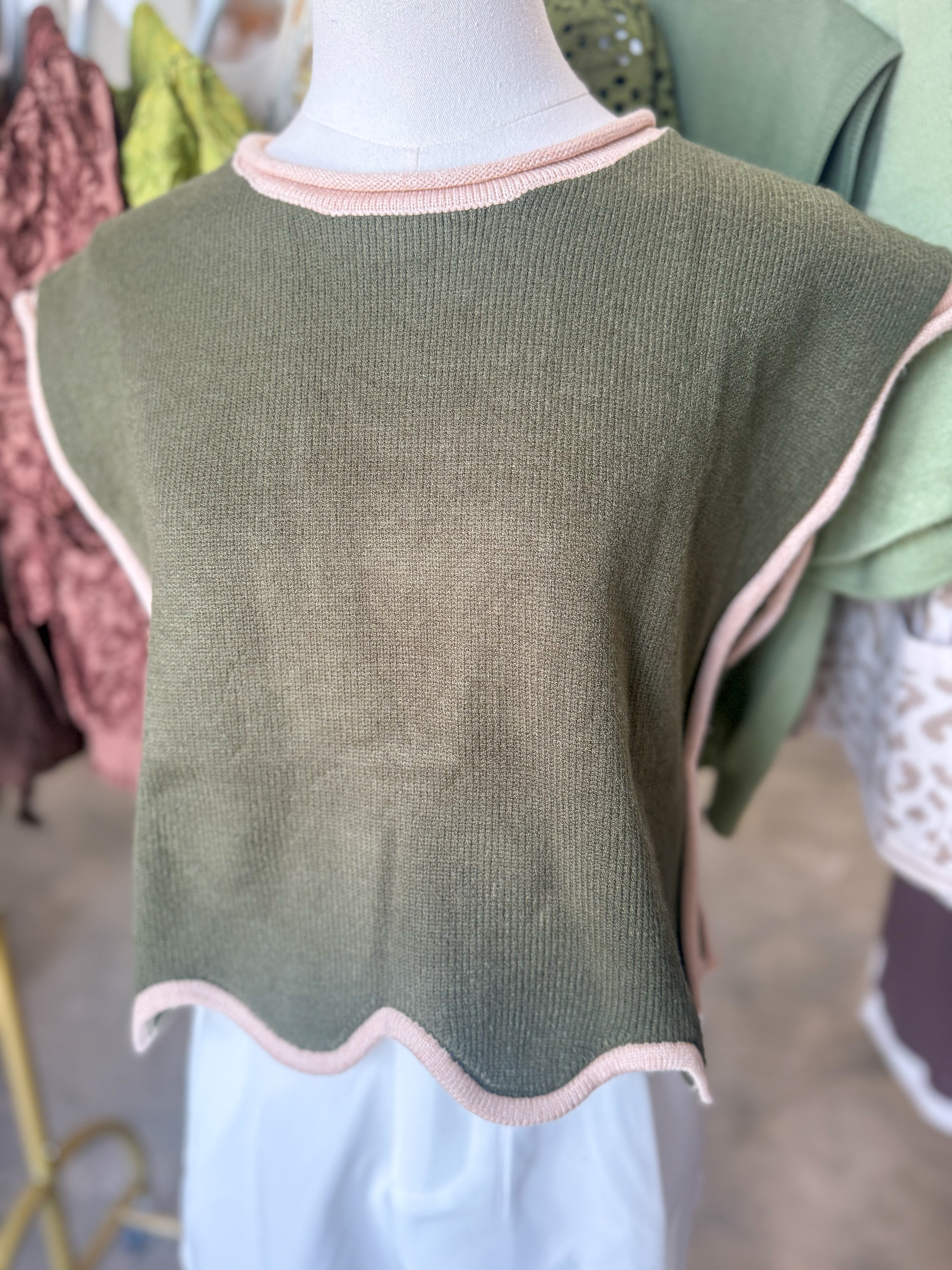 Army Green Scalloped Serenity Sweater Vest