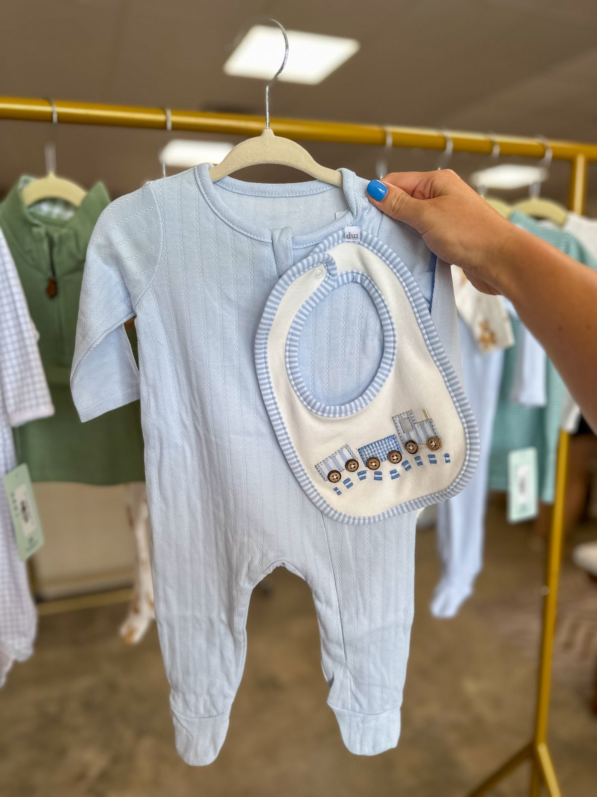 Baby Blue Sleeper W/ Train Applique Bib