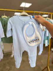 Baby Blue Sleeper W/ Train Applique Bib