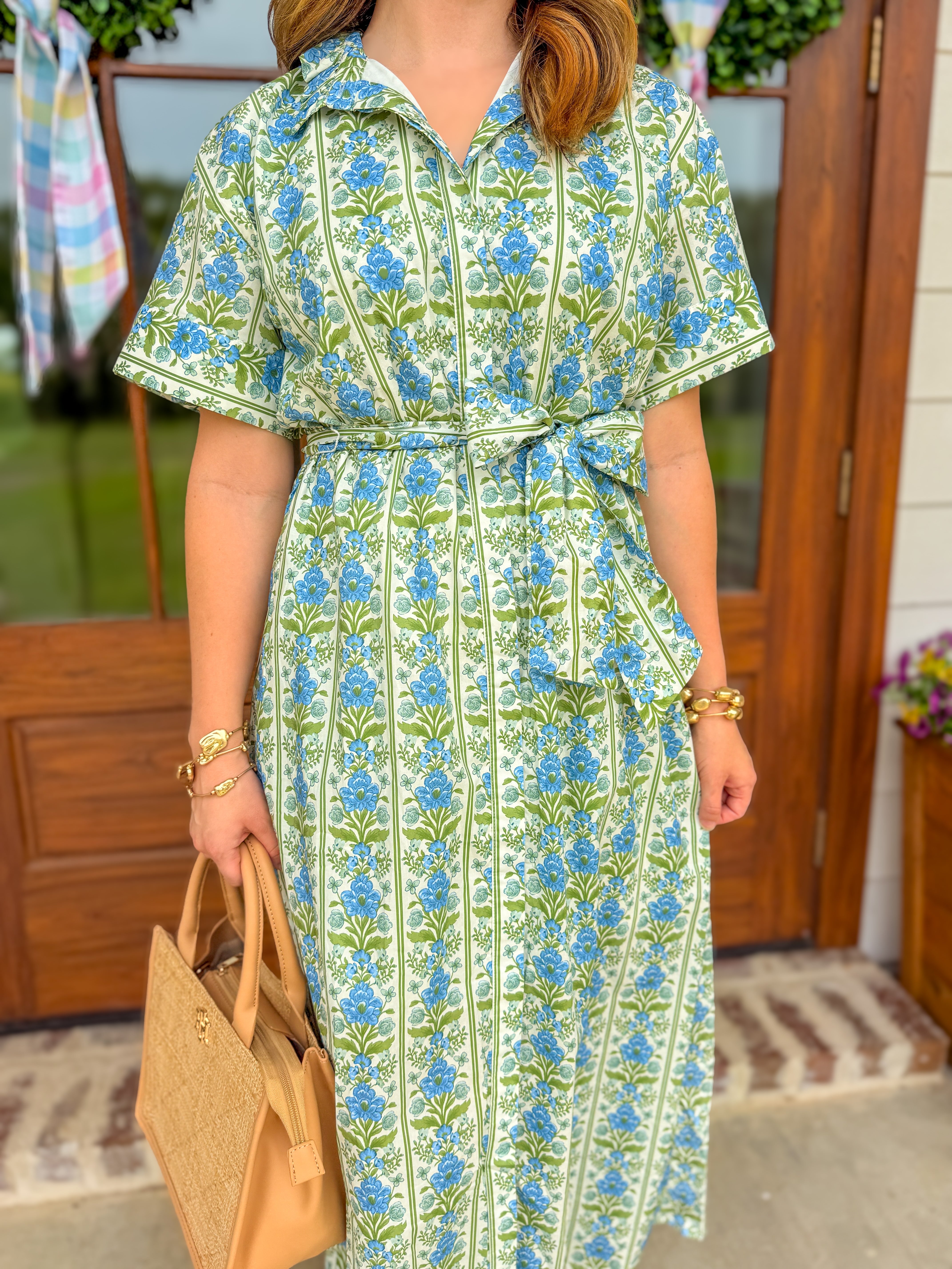 Blue Sweet Stroll Floral Belted Midi Dress