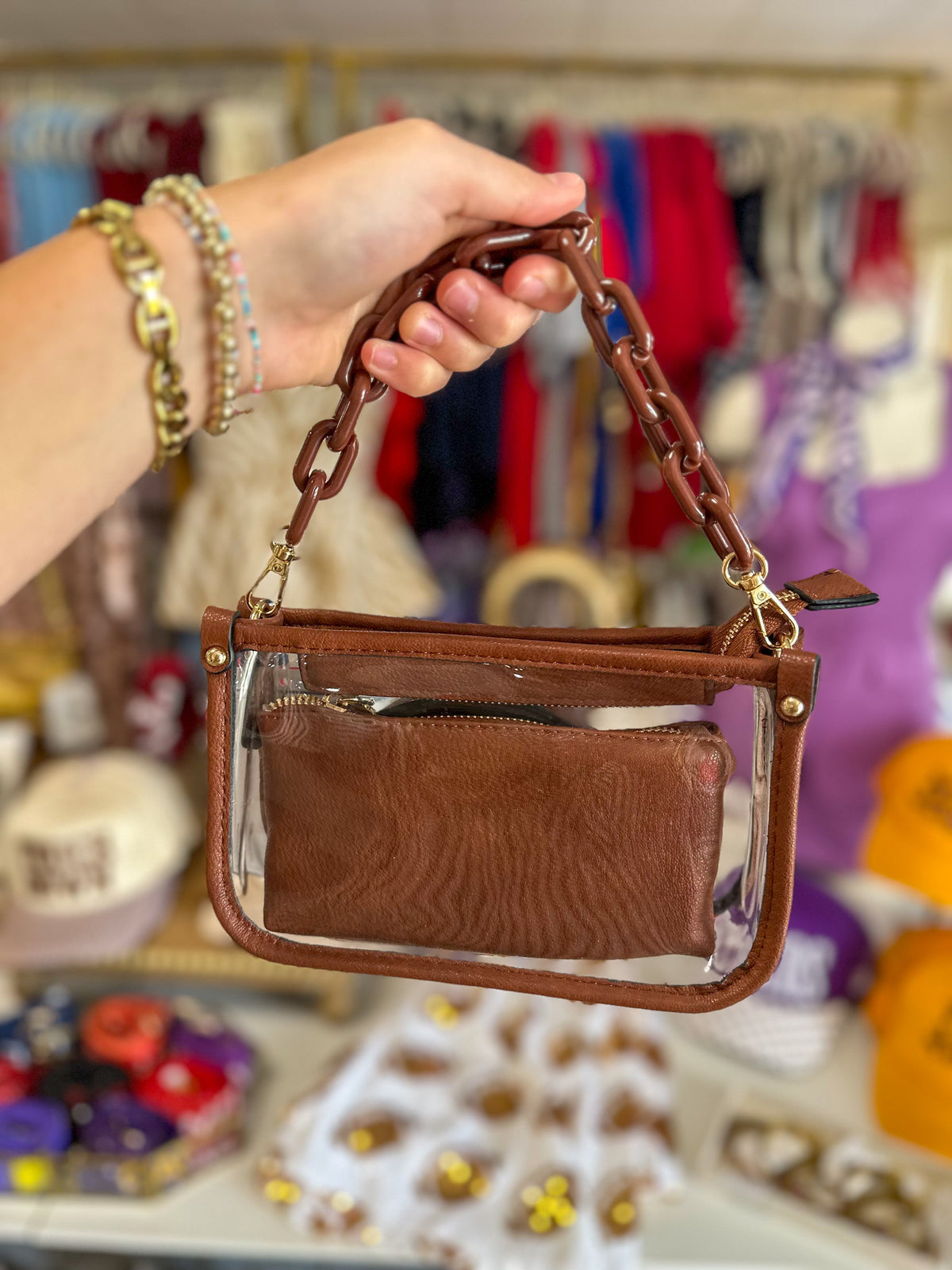 Brown Jessica Stadium Clear Crossbody Bag w/ Chain Accent