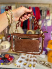 Brown Jessica Stadium Clear Crossbody Bag w/ Chain Accent