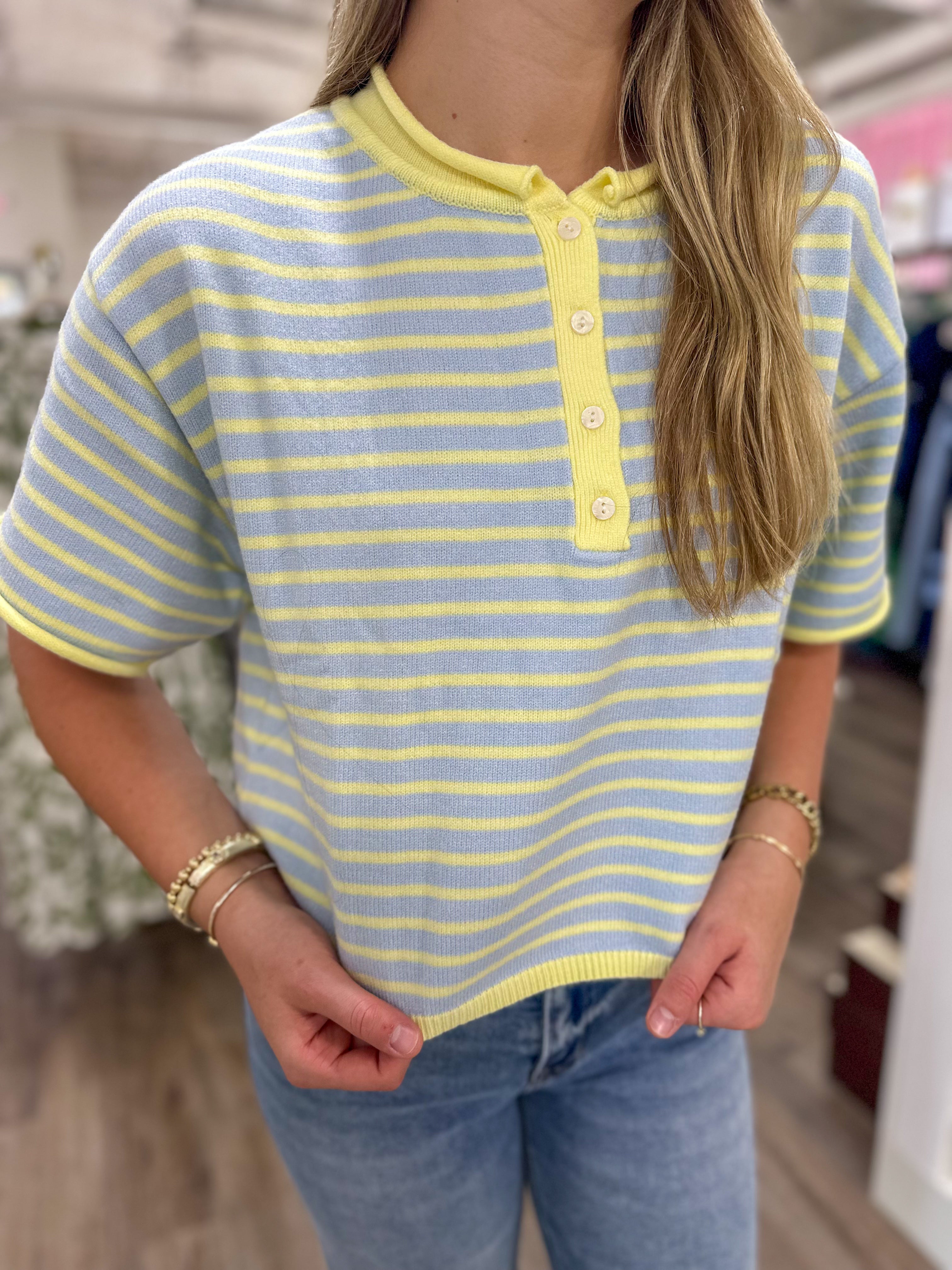 Blue Lemonade Striped Short Sleeve Henley Knit Top