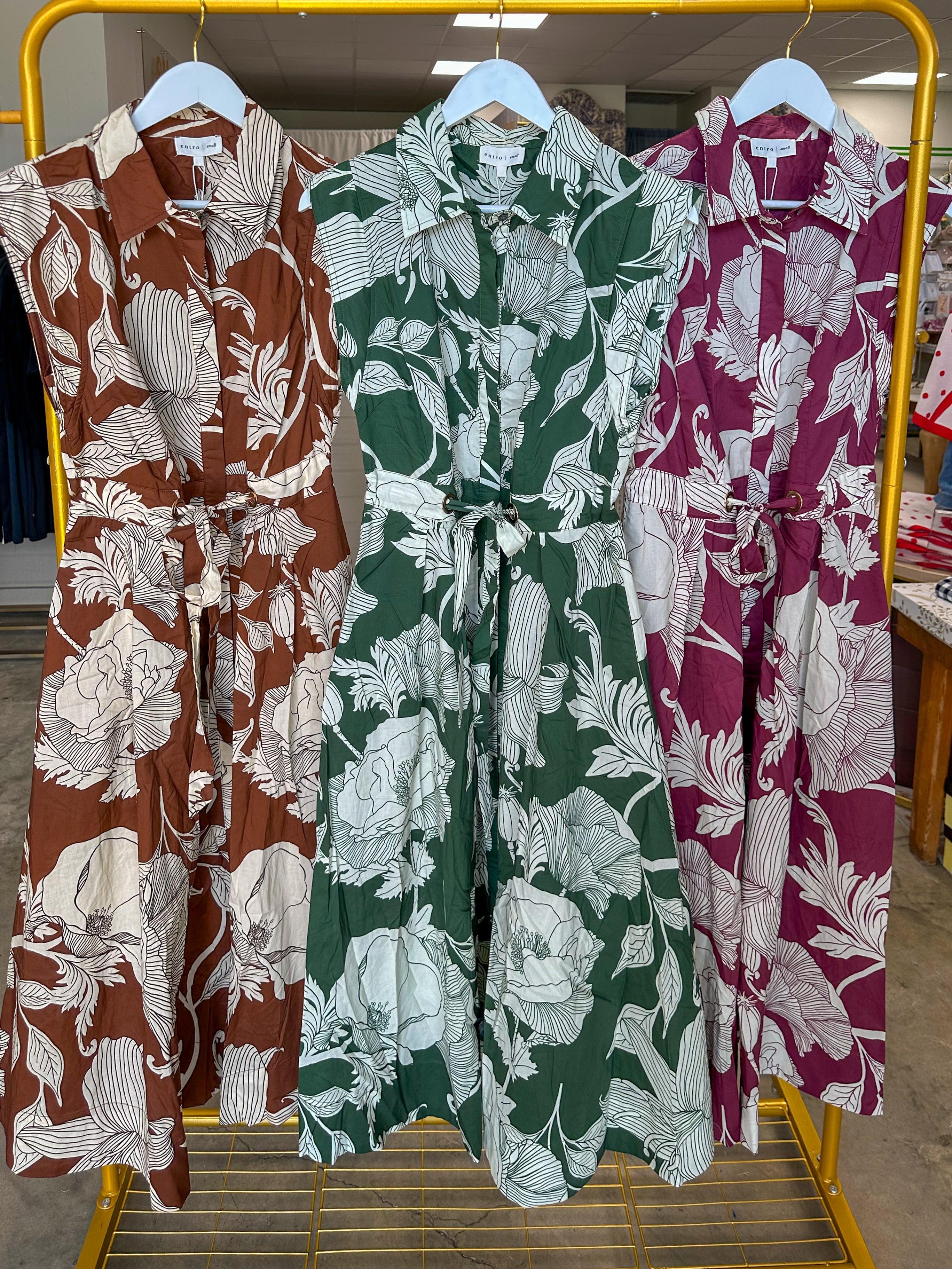 Brown Garden Society Collared Tie Waist Maxi Dress