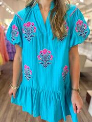 Aqua Cottage Bloom Embroidered Bubble Sleeve Mini Dress
