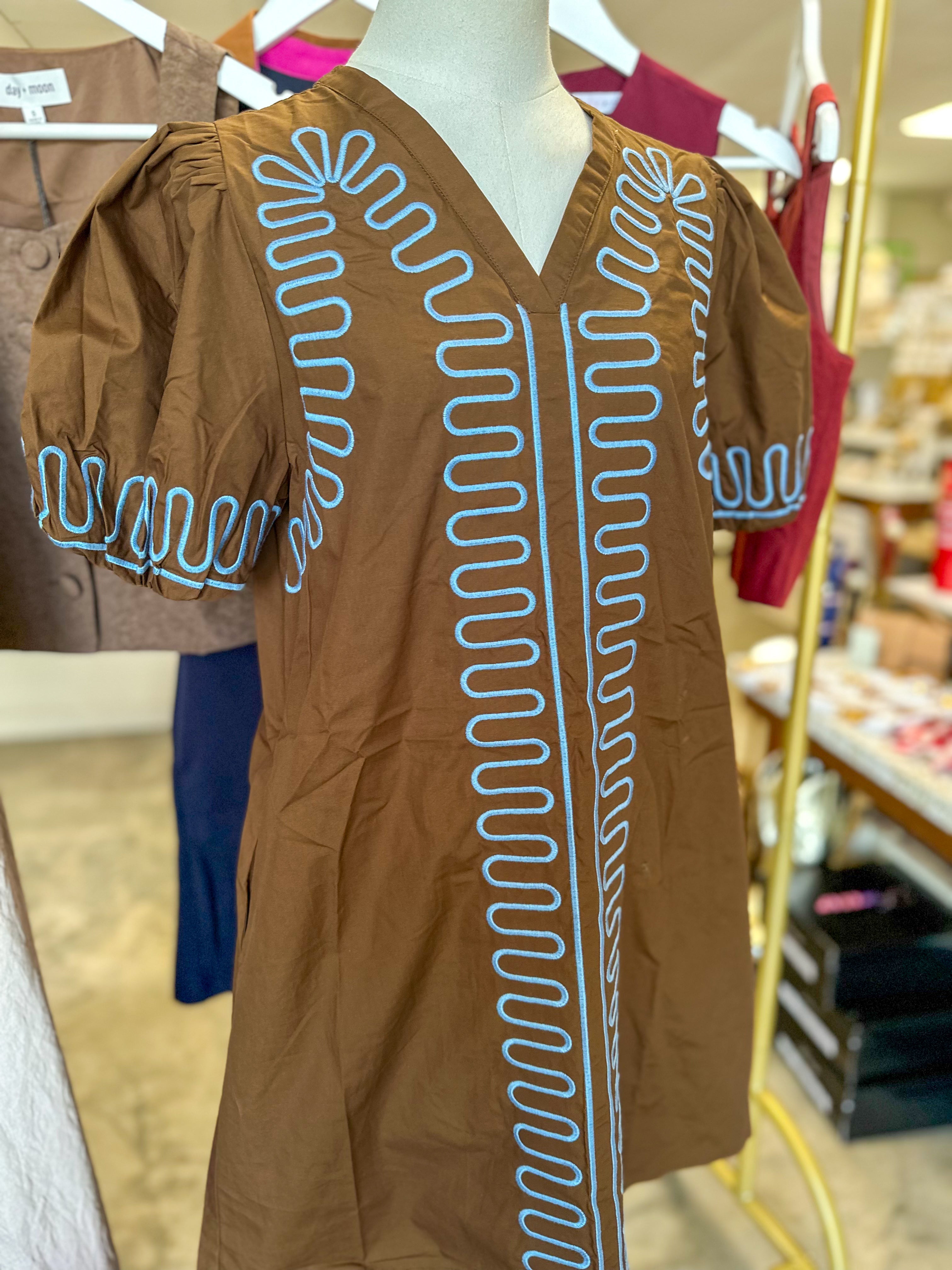 Brown/Blue Curved Stitch Mini Dress