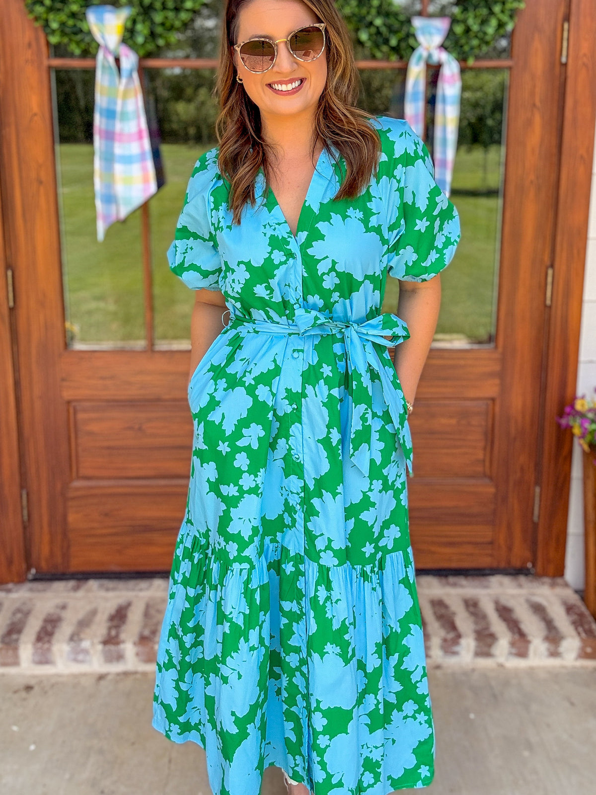 Blue & Green Riona Floral Wynette Tiered Midi Dress