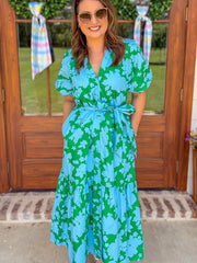 Blue & Green Riona Floral Wynette Tiered Midi Dress