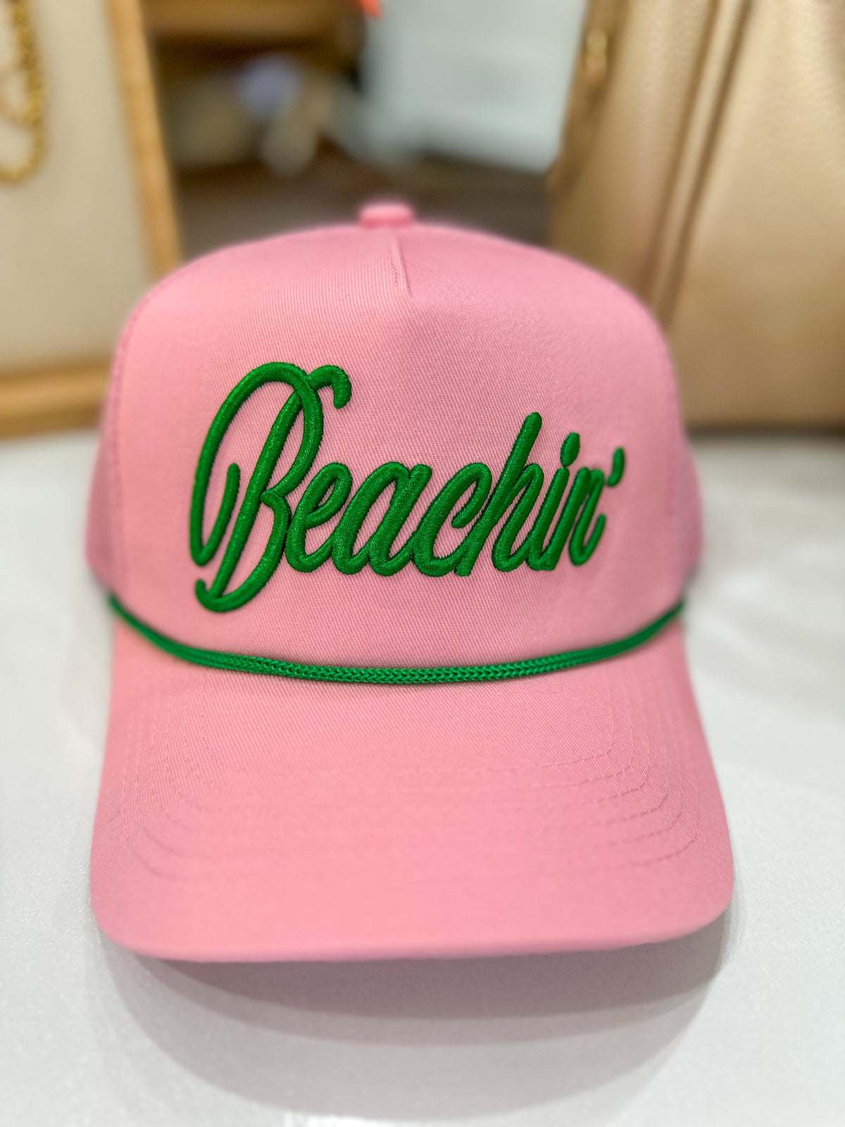 Beachin' Light Pink & Kelly Green Trucker Hat W/ Rope Accent