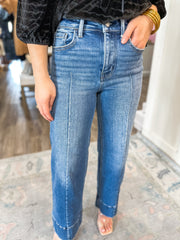 Aura Dark Wash High Rise Ankle Wide Trouser Jeans