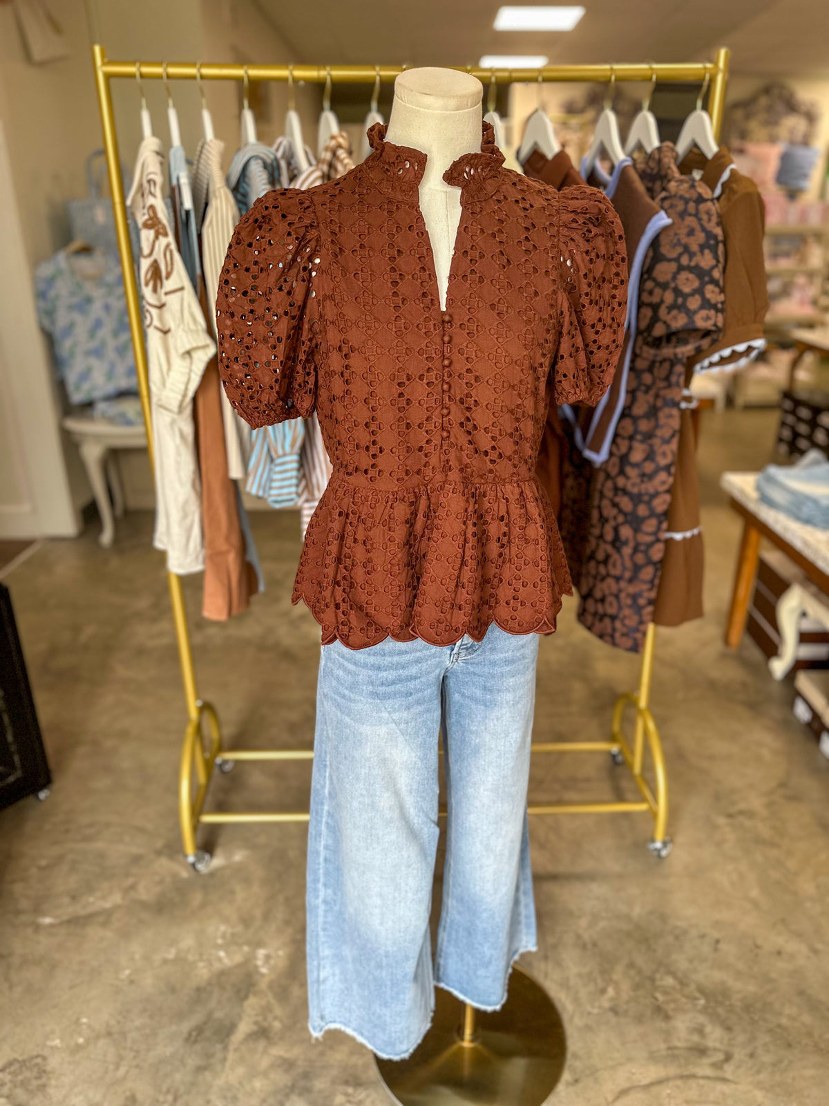 Brown Eloise Eyelet Peplum Top