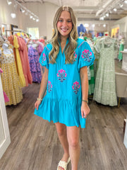 Aqua Cottage Bloom Embroidered Bubble Sleeve Mini Dress