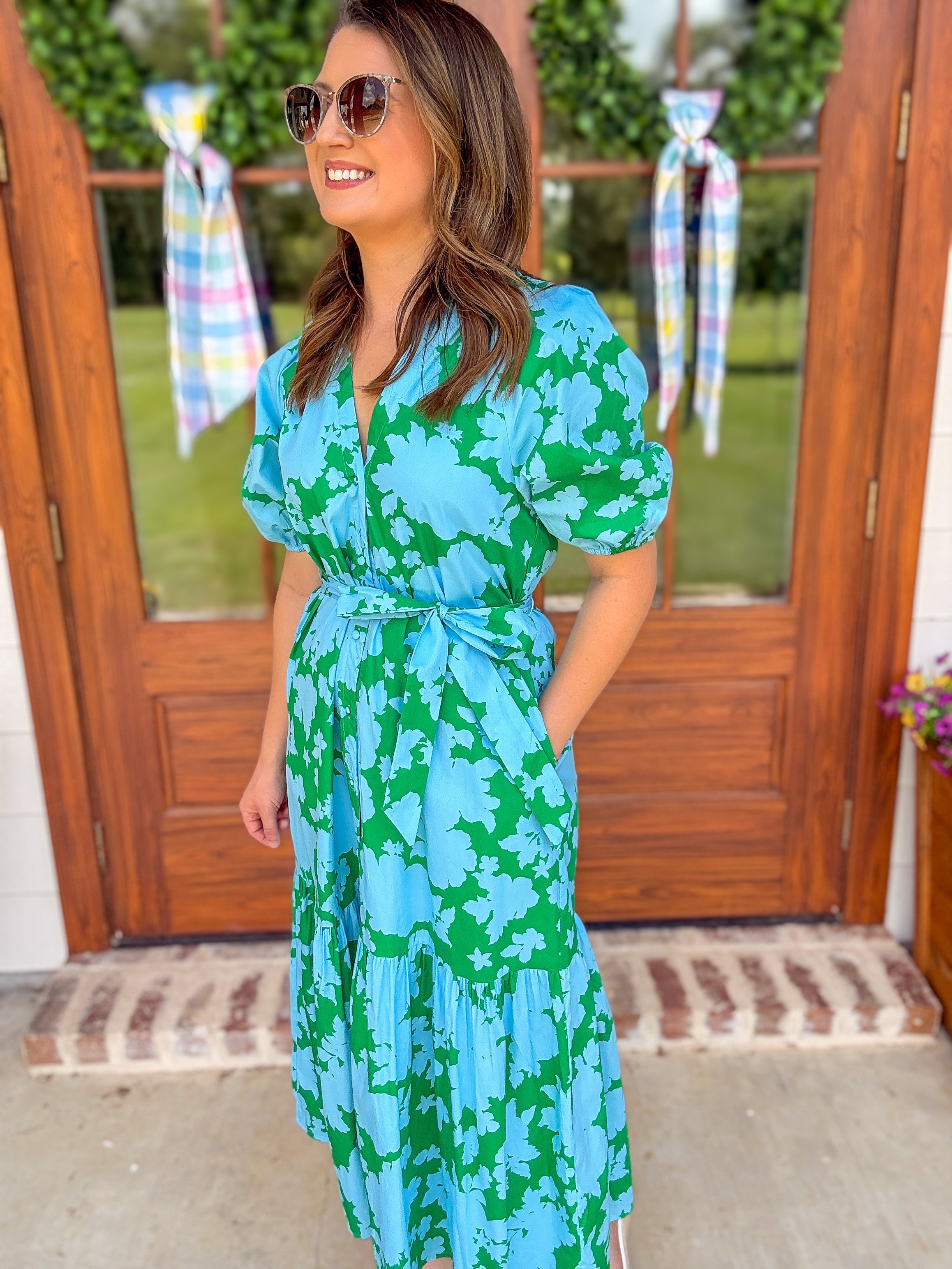 Blue & Green Riona Floral Wynette Tiered Midi Dress