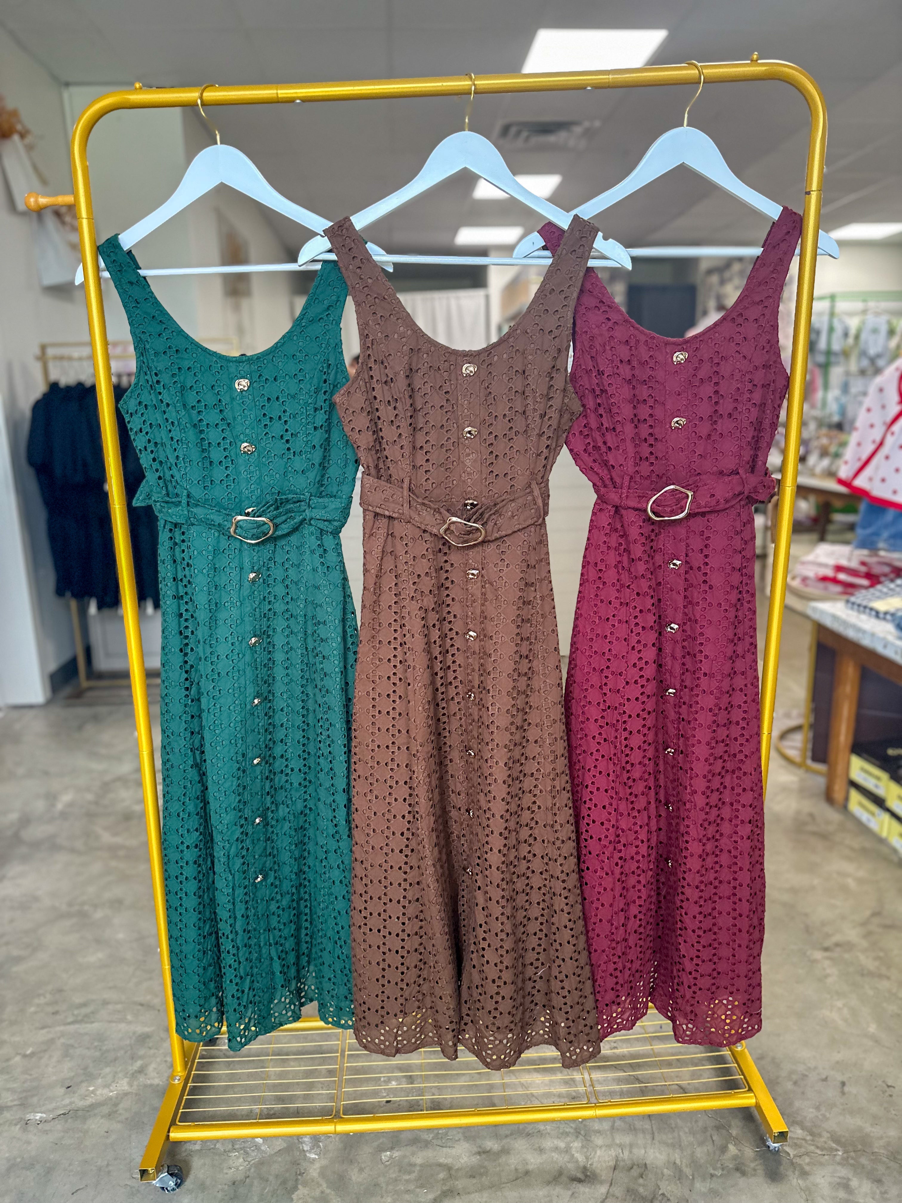 Brown Charlotte Eyelet Belted Maxi Dress