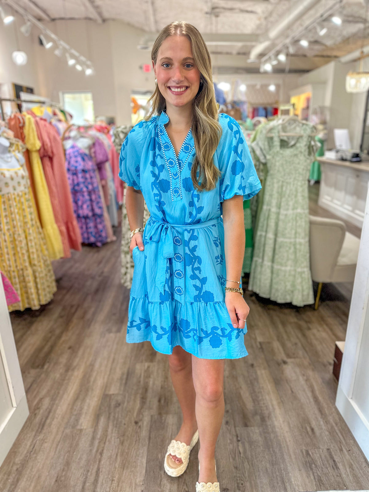 Chambray Summer In Santorini Floral Belted Mini Dress
