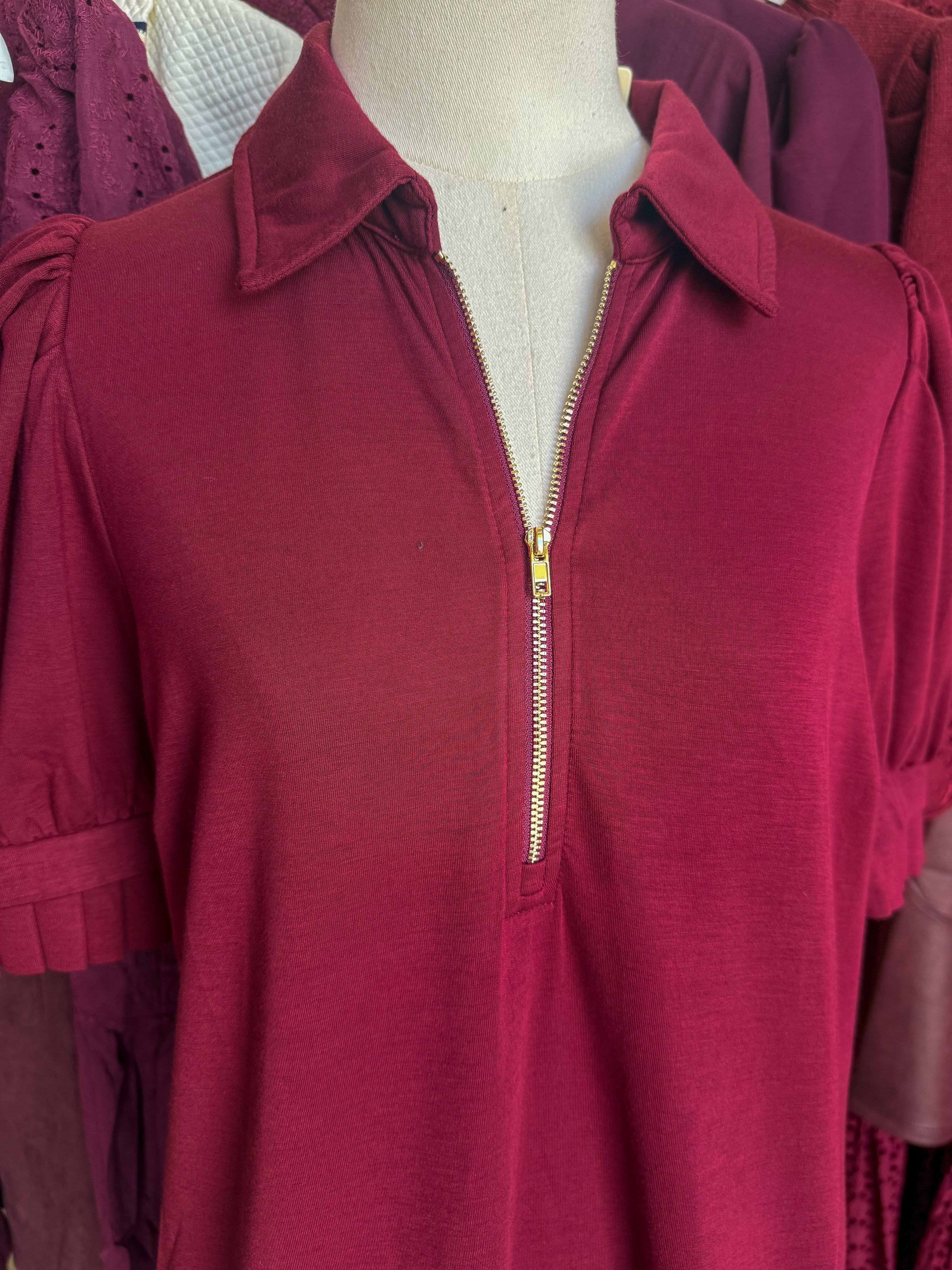 Burgundy Pretty In Pleats Half Zip Mini Dress