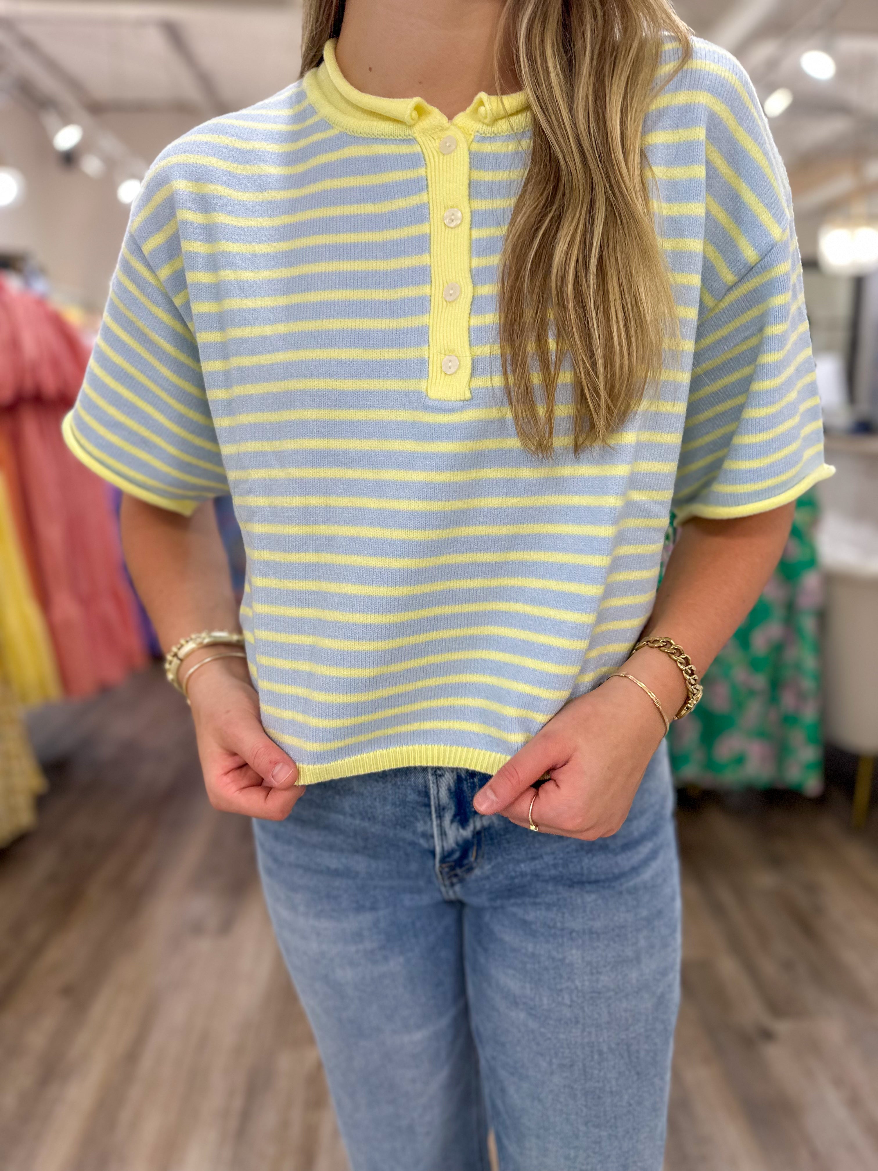 Blue Lemonade Striped Short Sleeve Henley Knit Top