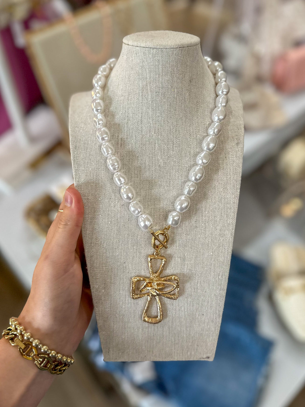 Brylee Pearl Beaded Cross Pendant Necklace Worn Gold - Caroline Hill Jewlery