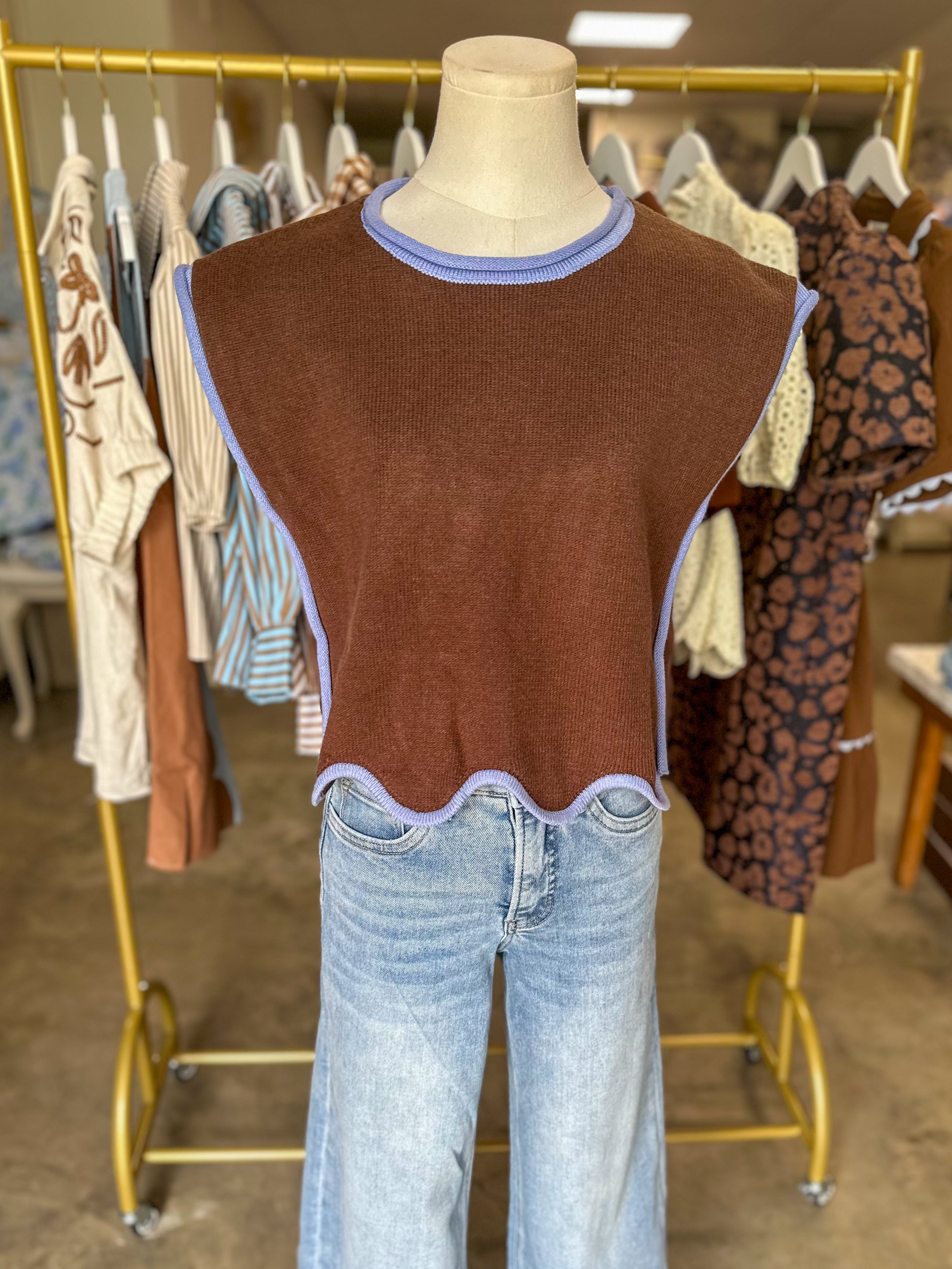 Brown and Blue Classic Contrast Sweater Top