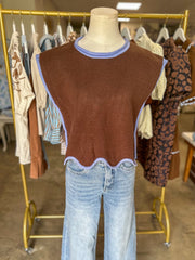 Brown and Blue Classic Contrast Sweater Top