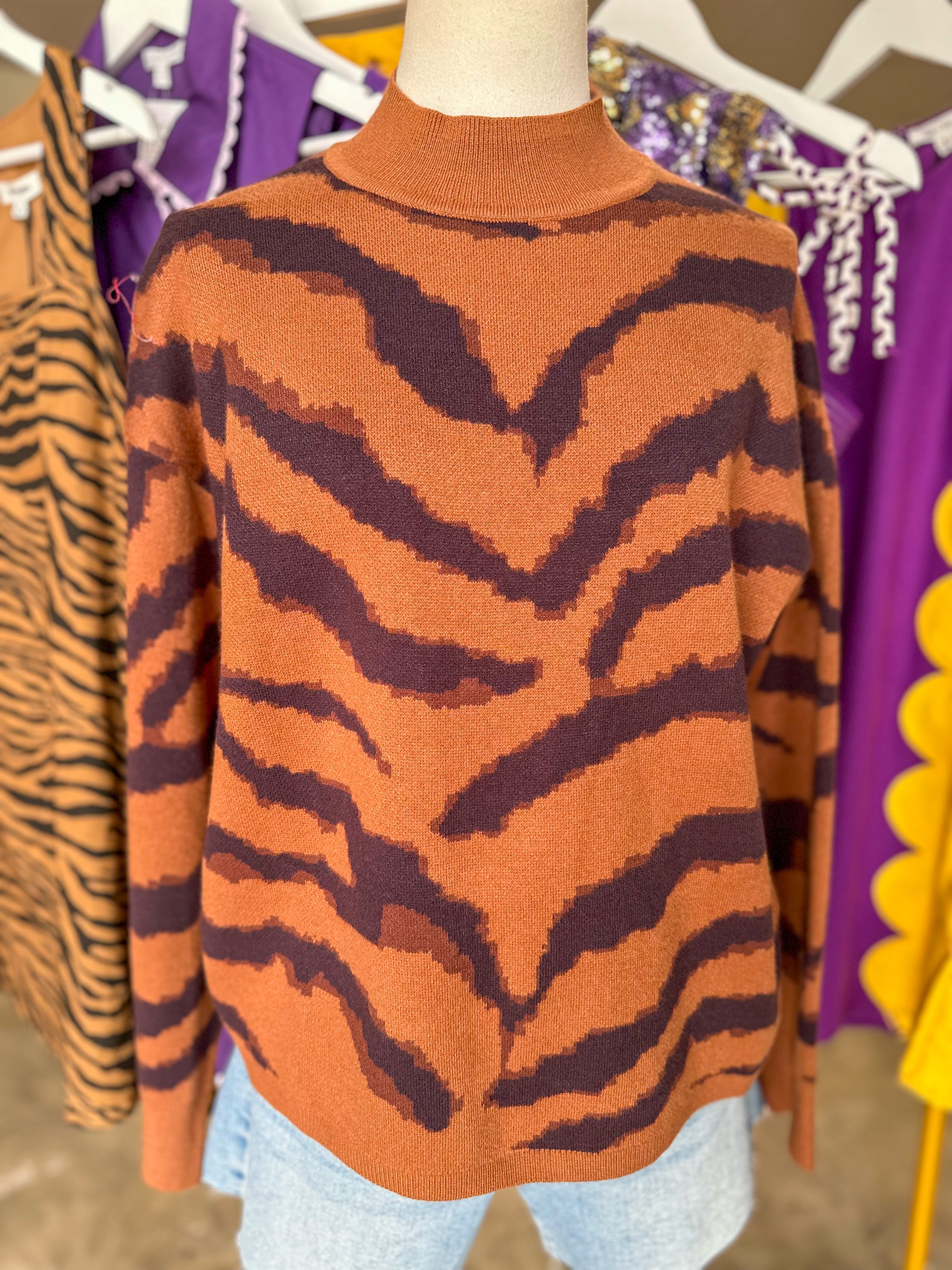 Camel Untamed Beauty Tiger Striped Long Sleeve Sweater