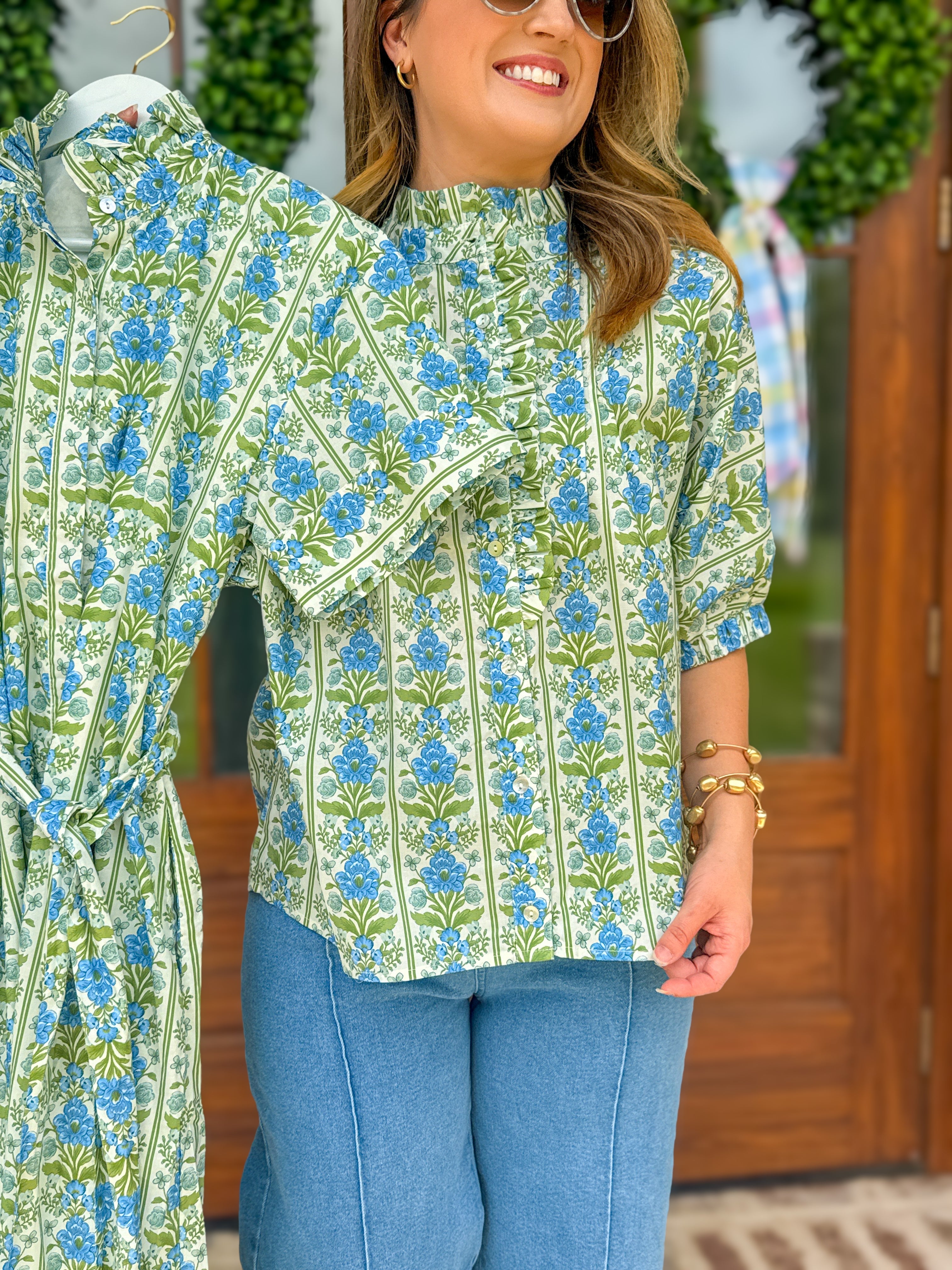 Blue Vintage Vine Ruffle Collar Blouse