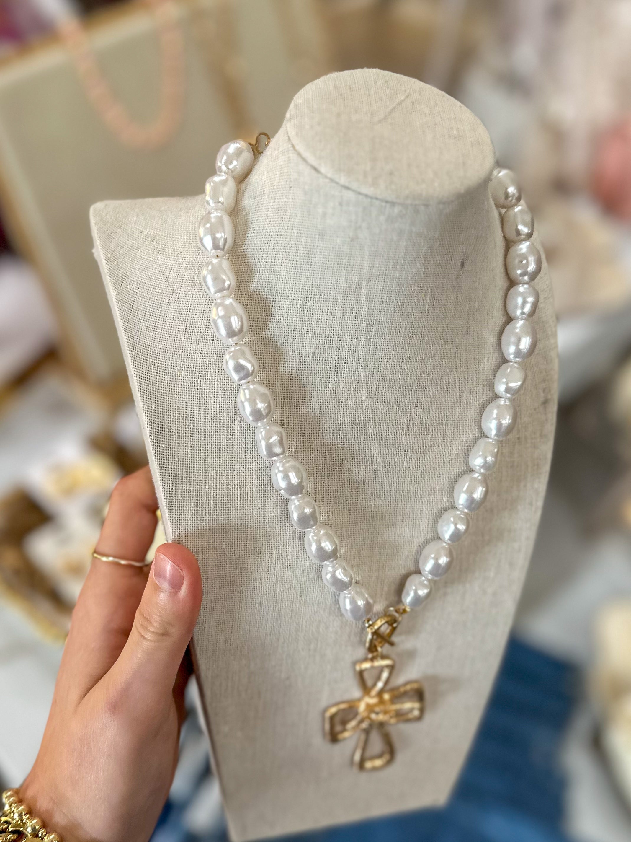 Brylee Pearl Beaded Cross Pendant Necklace Worn Gold - Caroline Hill Jewlery