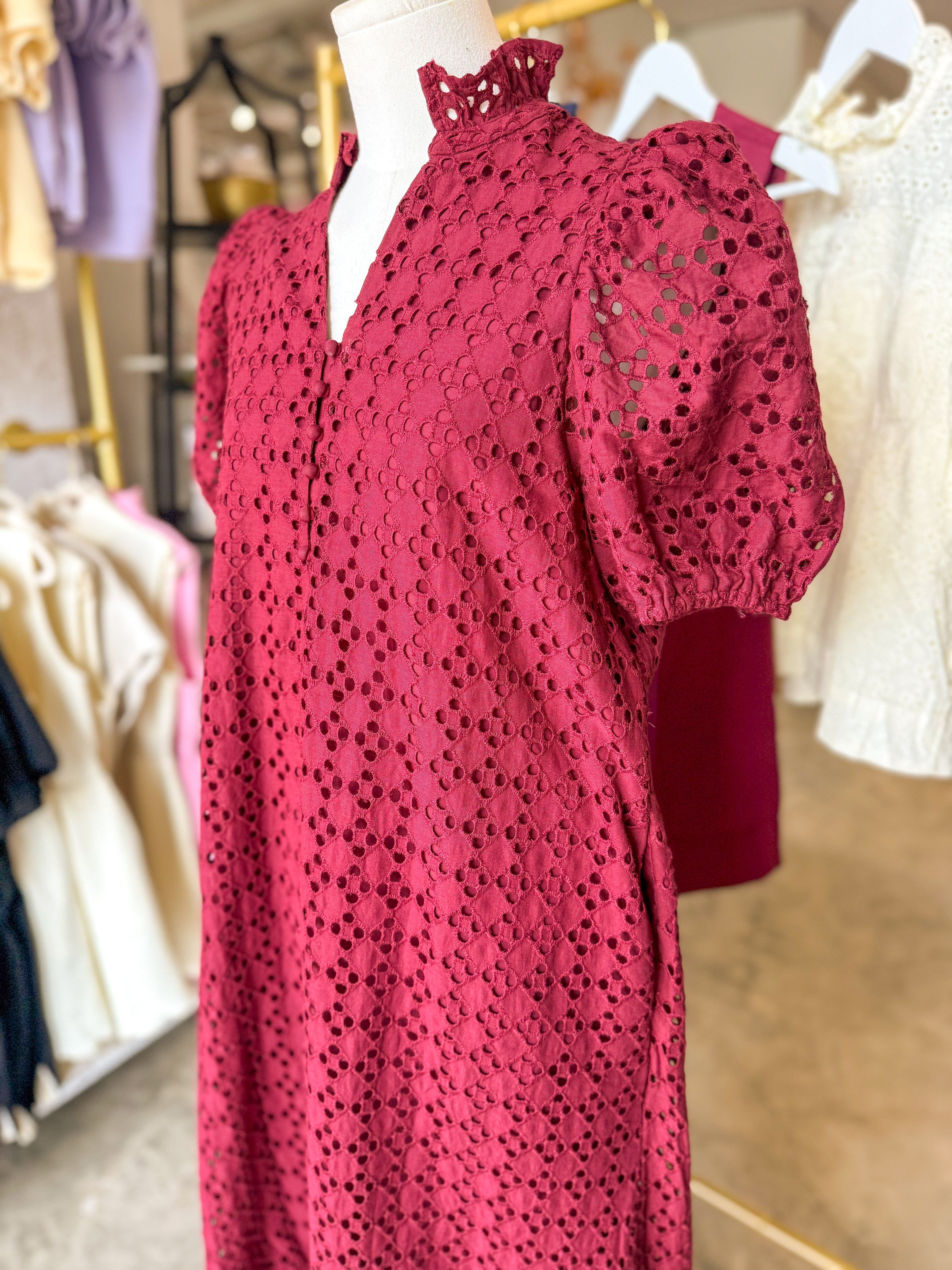 Burgundy Sweet Eyelet Moments Midi Dress