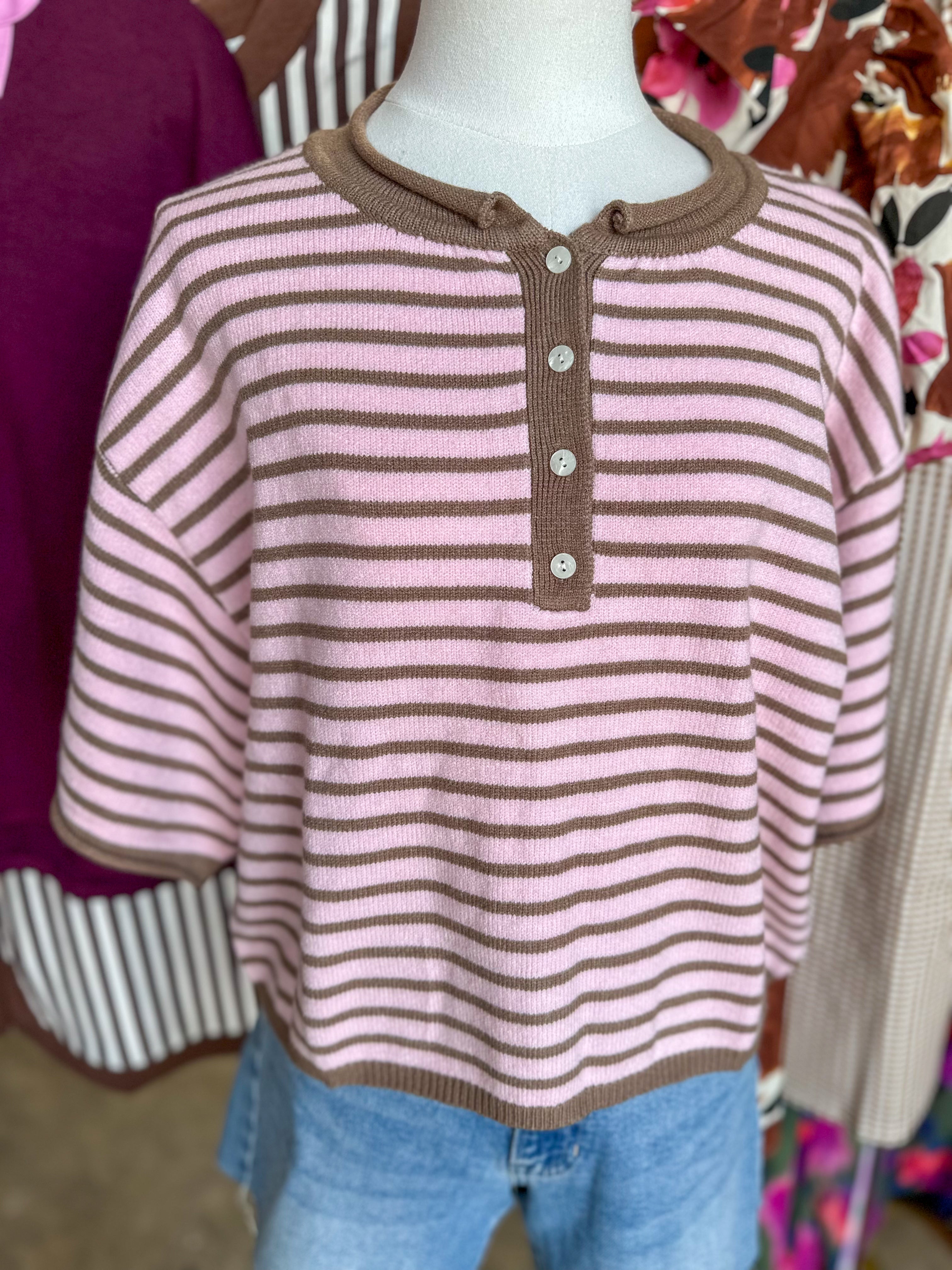 Chocolate Strawberry Striped Short Sleeve Henley Knit Top