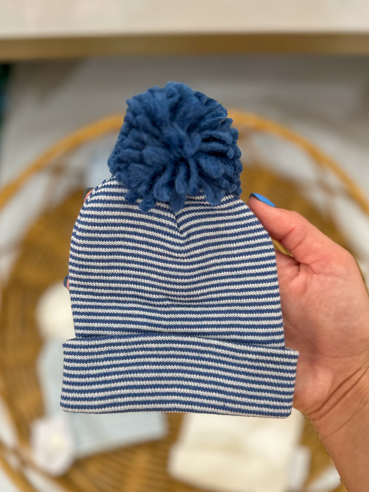 Baby Boy Navy Striped Hat W/ Navy Pompom