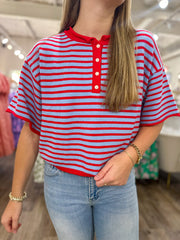 Blue & Red Striped Short Sleeve Henley Knit Top