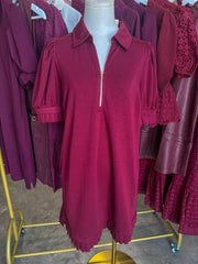 Burgundy Pretty In Pleats Half Zip Mini Dress