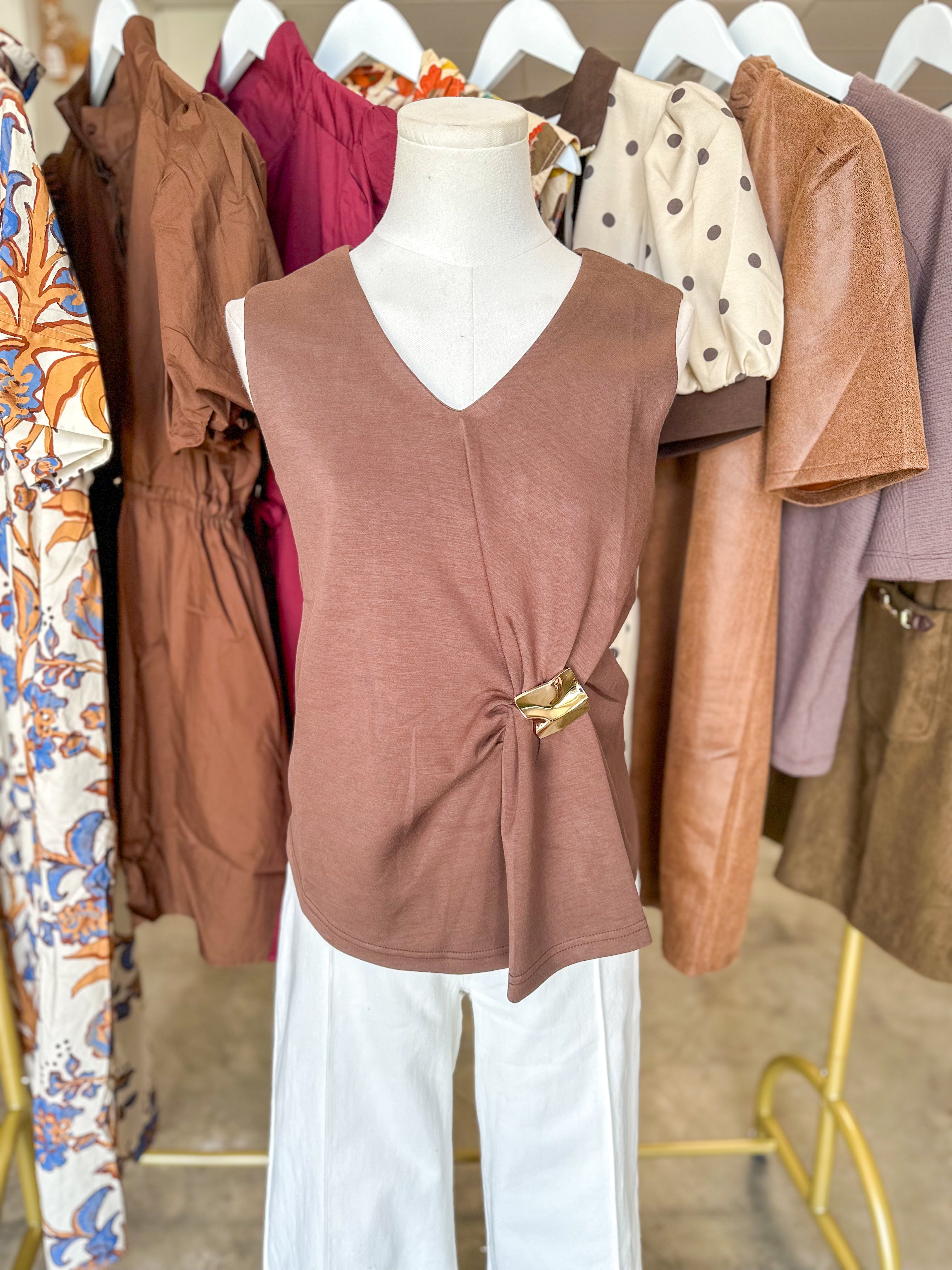 Brown Gathered & Gold V-Neck Top